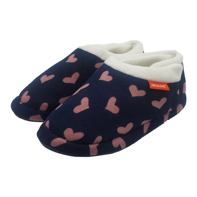 Archline Slippers - Closed (Orthotic Slippers) - Navy With Hearts